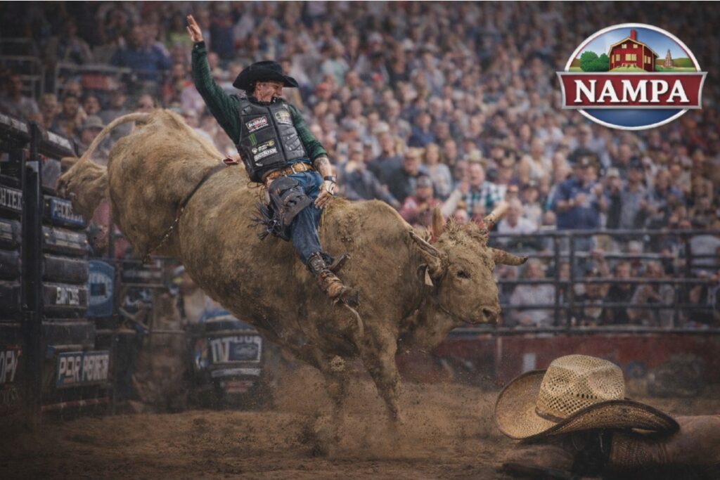 Professional bull rider competing at PBR Weekend in Nampa in front of a cheering crowd