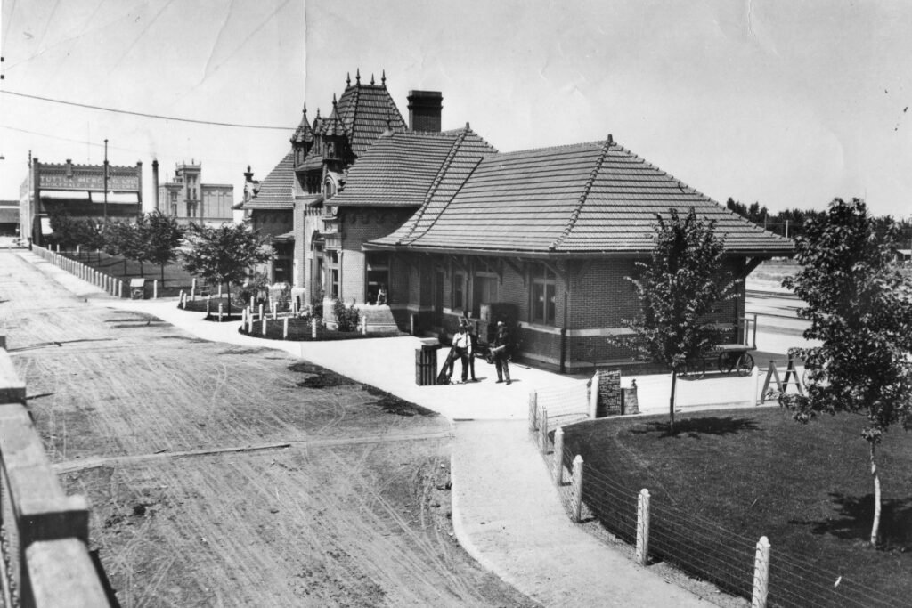 Historic railroad depot in early Nampa Idaho showing the city’s beginnings as a railroad stop