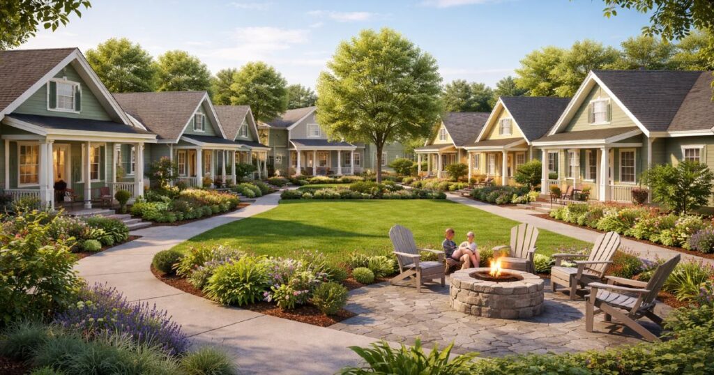 Cottage-style homes arranged around a shared courtyard in the Greenhurst Cottages neighborhood in Nampa, Idaho
