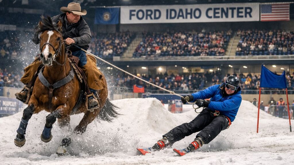 Skijoring competition at the Ford Idaho Center in Nampa, Idaho, with a skier being pulled by a horse through a snow-covered course.