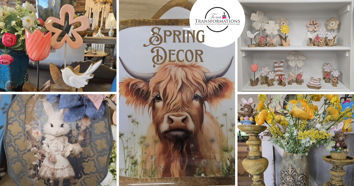 Spring home decor display at Tona Transformations Nampa featuring floral arrangements, rustic accents, and seasonal decorations
