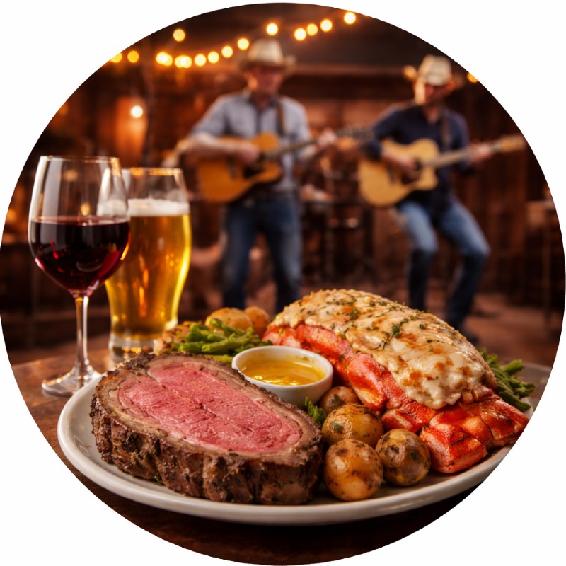 AI-generated illustration of prime rib and lobster tail dinner with live country music atmosphere featuring Buckin’ Country and food by The Bugle