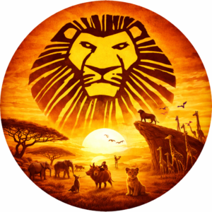 The Lion King live stage production at the Morrison Center in Boise featuring African savanna animals at sunset
