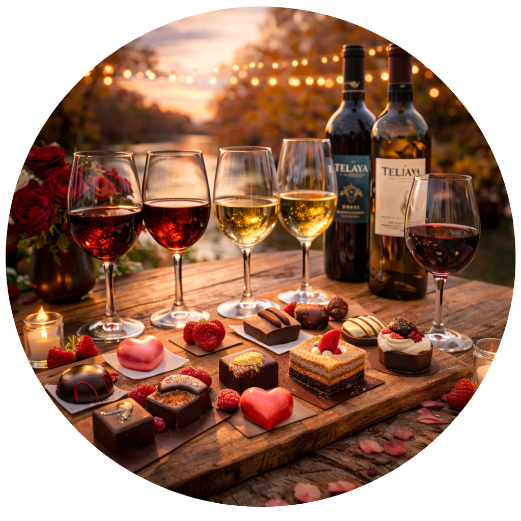 AI-generated image of wine glasses and artisanal chocolates styled for a Valentine’s Day wine and chocolate pairing at Telaya