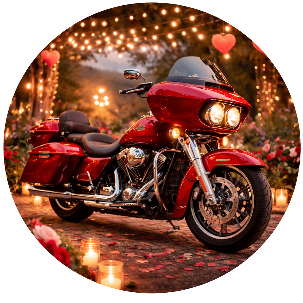 Red Harley-Davidson motorcycle decorated for Valentine’s Day with candles, flowers, and string lights in a romantic outdoor setting