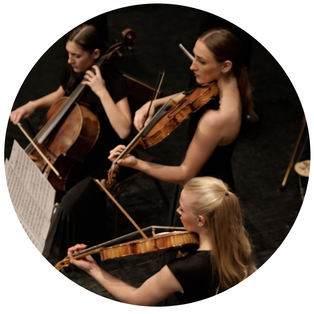 String ensemble performing live classical music with violin and cello players on stage