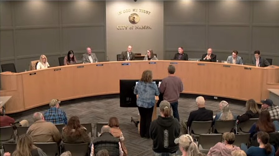 Nampa residents speaking during public testimony at a Nampa City Council meeting about the Orchard Acres development