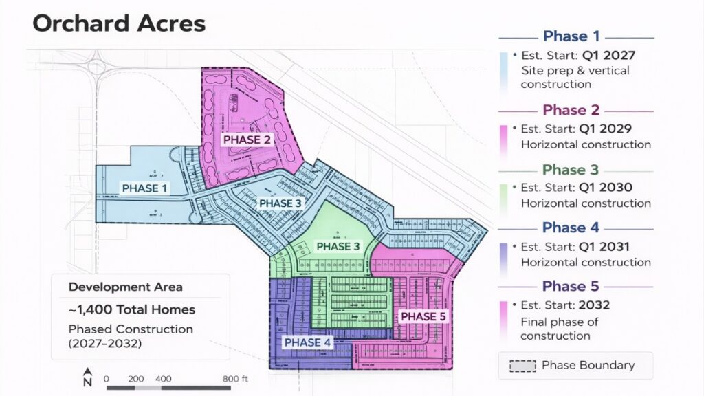 Orchard Acres development plat map in southeast Nampa, Idaho showing phased residential layout near Greenhurst Road and South Happy Valley Road