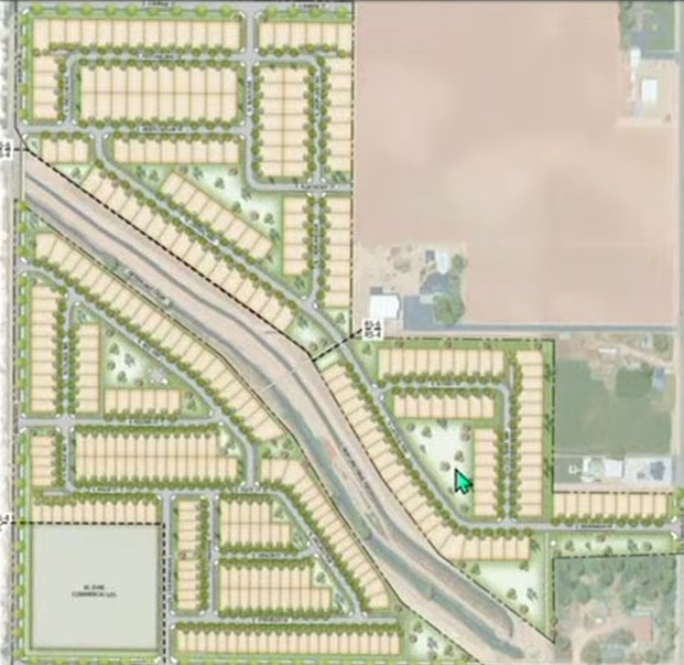 Proposed layout plan of the 355 home subdivision North Nampa showing residential lots, roads, canal, and commercial area
