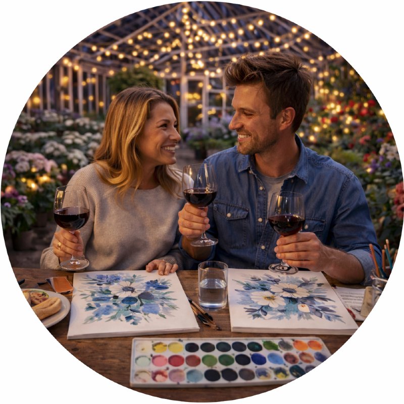 Couple enjoying a Valentine’s paint and sip event with wine and watercolor painting inside a greenhouse setting