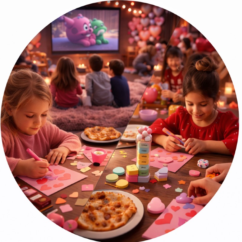 AI-generated illustration of kids enjoying Valentine’s crafts, games, dinner, and a movie during a Parents’ Night Out event at Sound & Stage in Nampa, Idaho