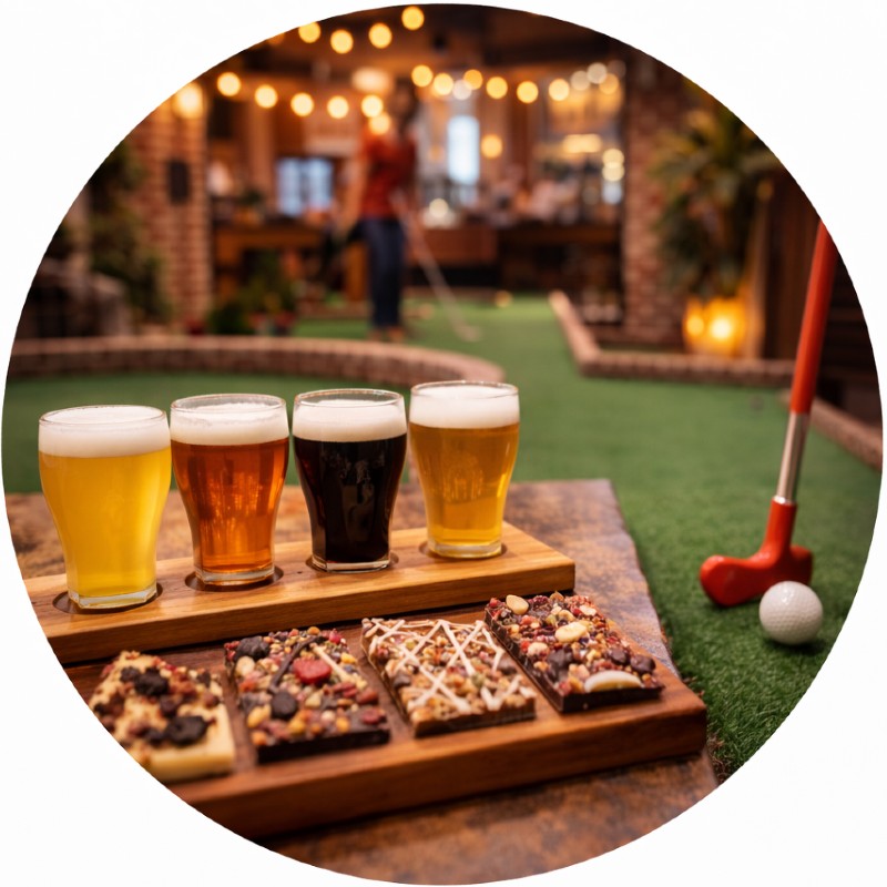 Beer and cider flight paired with artisan chocolate bark at a Valentine’s Day mini golf event.