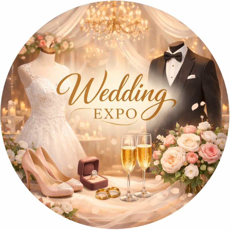 Wedding Expo display featuring a bridal gown, tuxedo, wedding rings, champagne glasses, and floral arrangements in an elegant event setting