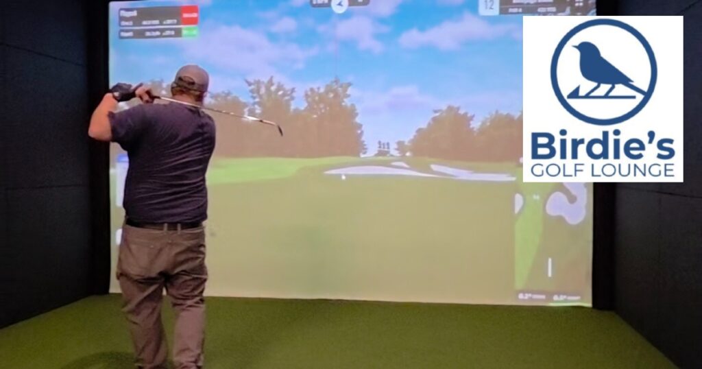 Man playing on a golf simulator at Birdies Golf Lounge Nampa in Nampa, Idaho