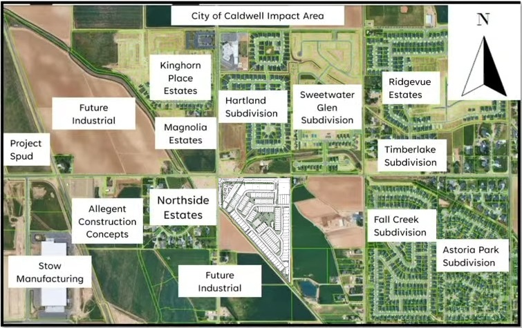Map showing the location of Regatta Crossing in North Nampa near Ustick Road and Northside Boulevard surrounded by nearby subdivisions.