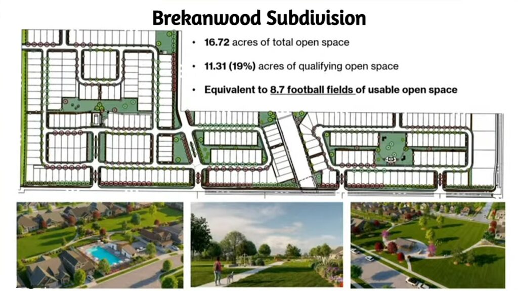 Site plan of the proposed Brekanwood Subdivision in Nampa showing the layout of 296 homes, open space areas, walking paths, and neighborhood amenities near Can-Ada Road and Landry Street.