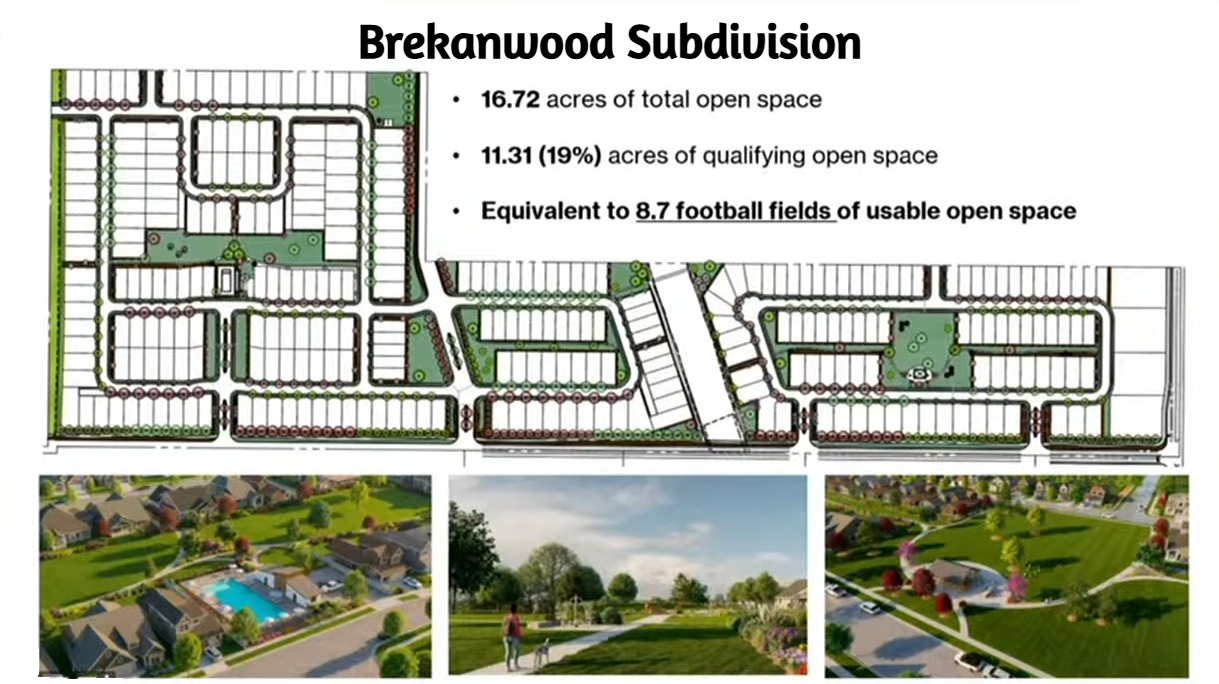 Site plan of the proposed Brekanwood Subdivision in Nampa showing the layout of 296 homes, open space areas, walking paths, and neighborhood amenities near Can-Ada Road and Landry Street.