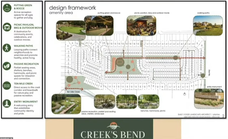 Creek's Bend Nampa design framework showing amenity area, Ten Mile Creek access, and Star Road development site plan