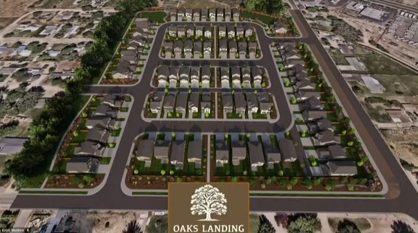 Aerial rendering of Oaks Landing subdivision with single family homes and streets in Nampa Idaho