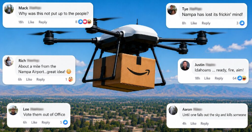Nampa residents react on Facebook to the Amazon drone delivery approval, with comments overlaid on a delivery drone flying over the valley