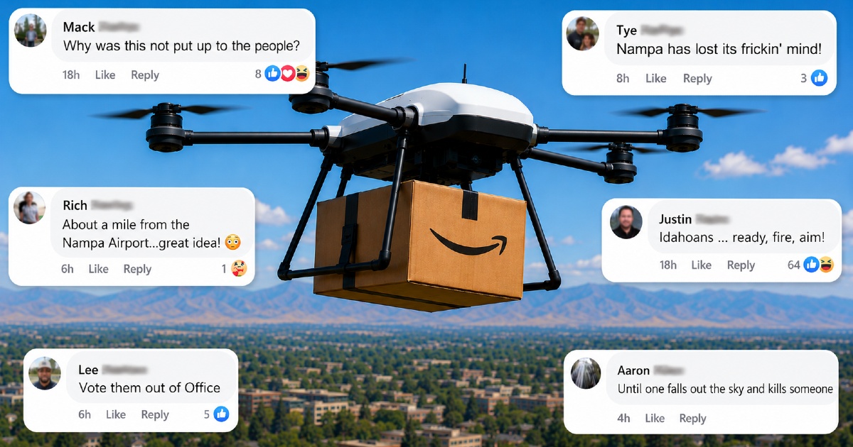 Nampa residents react on Facebook to the Amazon drone delivery approval, with comments overlaid on a delivery drone flying over the valley