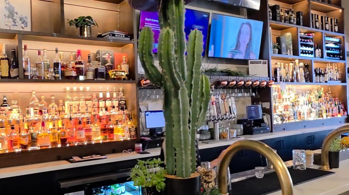 nside Syringa Cocktail Lounge in downtown Nampa Idaho — full bar with warm lighting, cactus decor, and craft cocktail setup