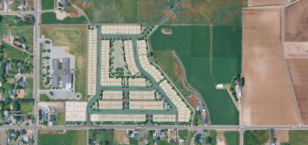 Alt text: Aerial site plan of Sagewood subdivision in Nampa, Idaho near Southside Blvd and E Lewis Ln