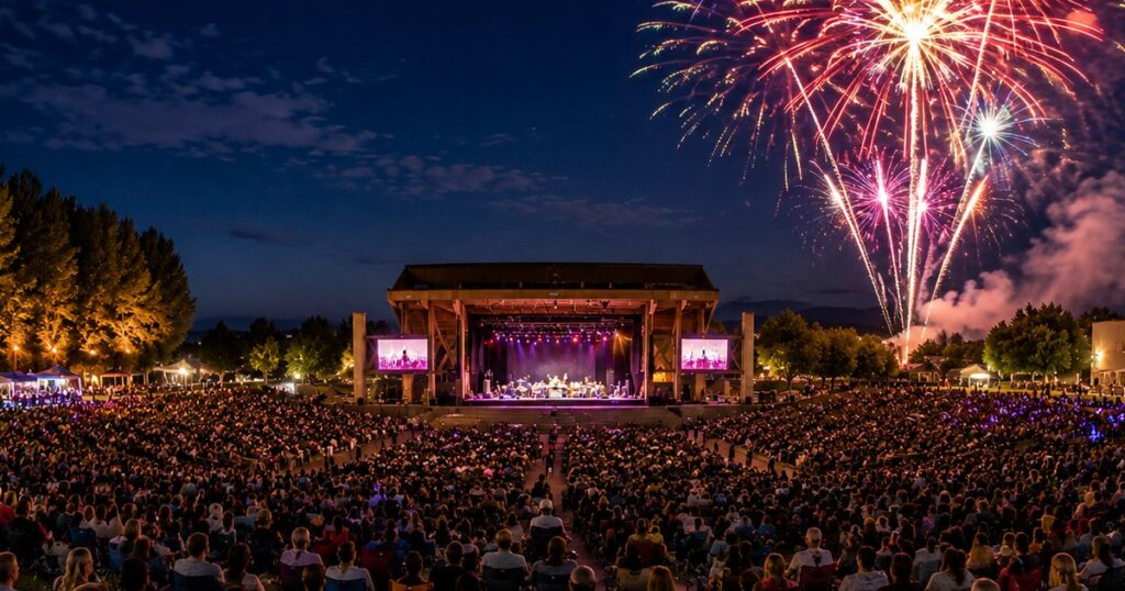 Crowd gathered at the Ford Idaho Center Amphitheater in Nampa watching fireworks during the God and Country Festival.