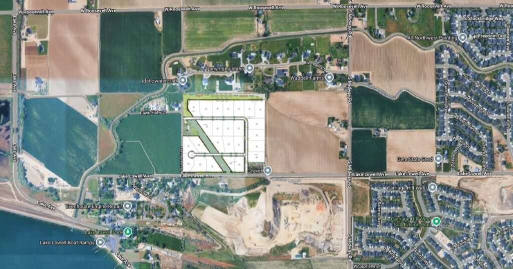 Aerial map showing the Lake Lowell Estates subdivision layout in west Nampa, Idaho near Lake Lowell Avenue and Midway Road