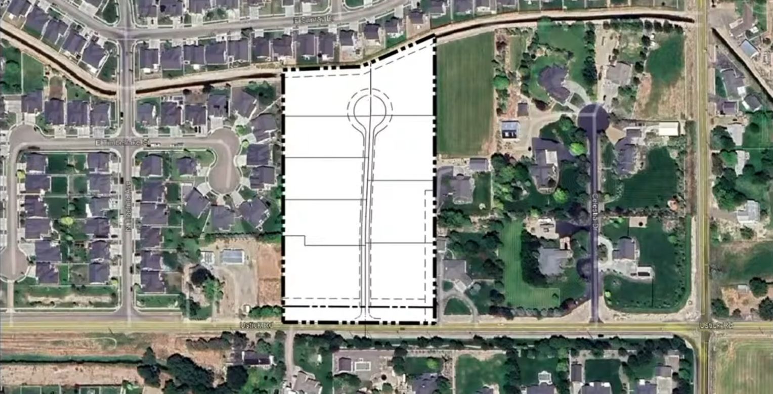 Aerial view of Isa Ridge Estates subdivision site on Ustick Road in Nampa Idaho showing proposed lot layout and surrounding neighborhoods