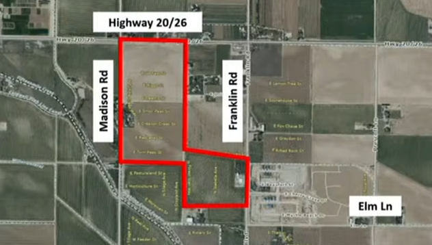 Aerial map showing the Mason Ranch Estates proposed development site in Nampa Idaho bordered by Highway 20/26 to the north, Madison Road to the west, and Franklin Road to the east