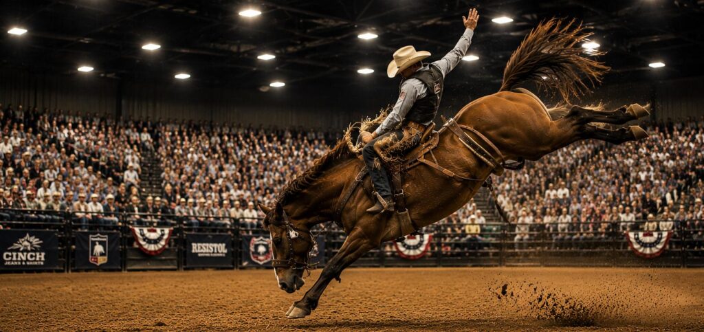 Cowboy riding a bucking bronc during an indoor rodeo at the Snake River Stampede in Nampa, Idaho.