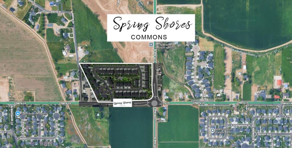 Aerial map showing the proposed Spring Shores Commons development near Cherry Lane and 11th Avenue North in Nampa, Idaho, including planned homes, open space, and a neighborhood commercial area.
