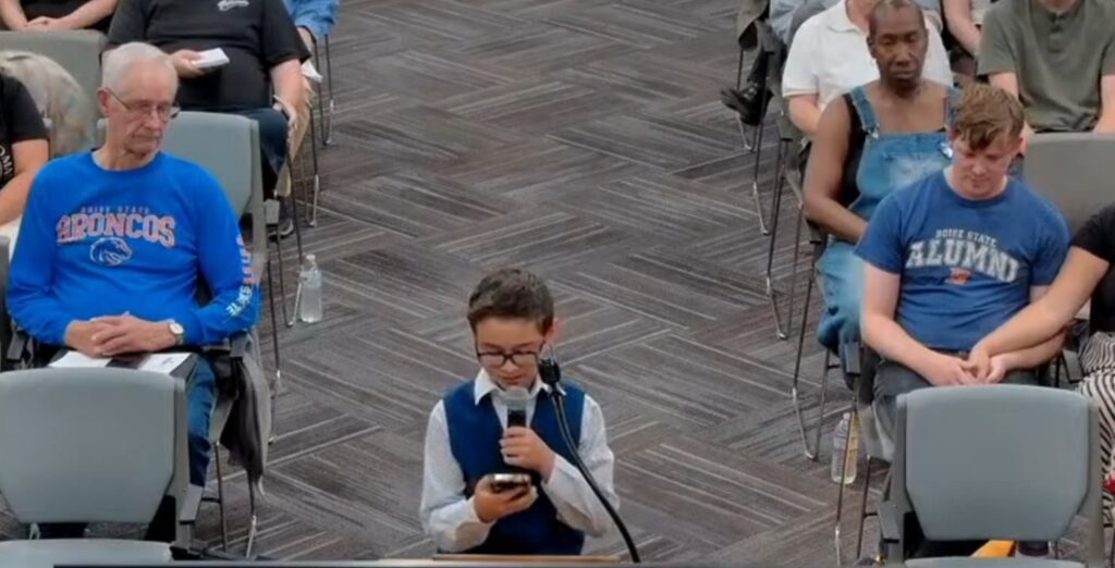 10-year-old Ezekiel Garcia speaks in support of the Nampa Public Library during the July 20, 2026 Nampa City Council meeting.