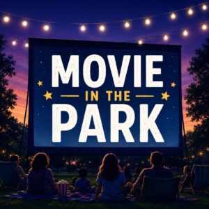 Families watching an outdoor movie during Silver Screen on the Green in Nampa, Idaho.