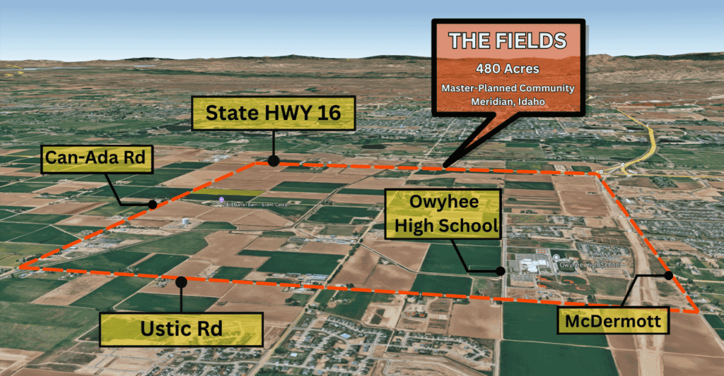 A Google Earth aerial map showing the approximate location of The Fields, a 480-acre master-planned community in northwest Meridian, Idaho. The map highlights the development area and labels Can-Ada Road, Ustick Road, State Highway 16, McDermott Road, and Owyhee High School.