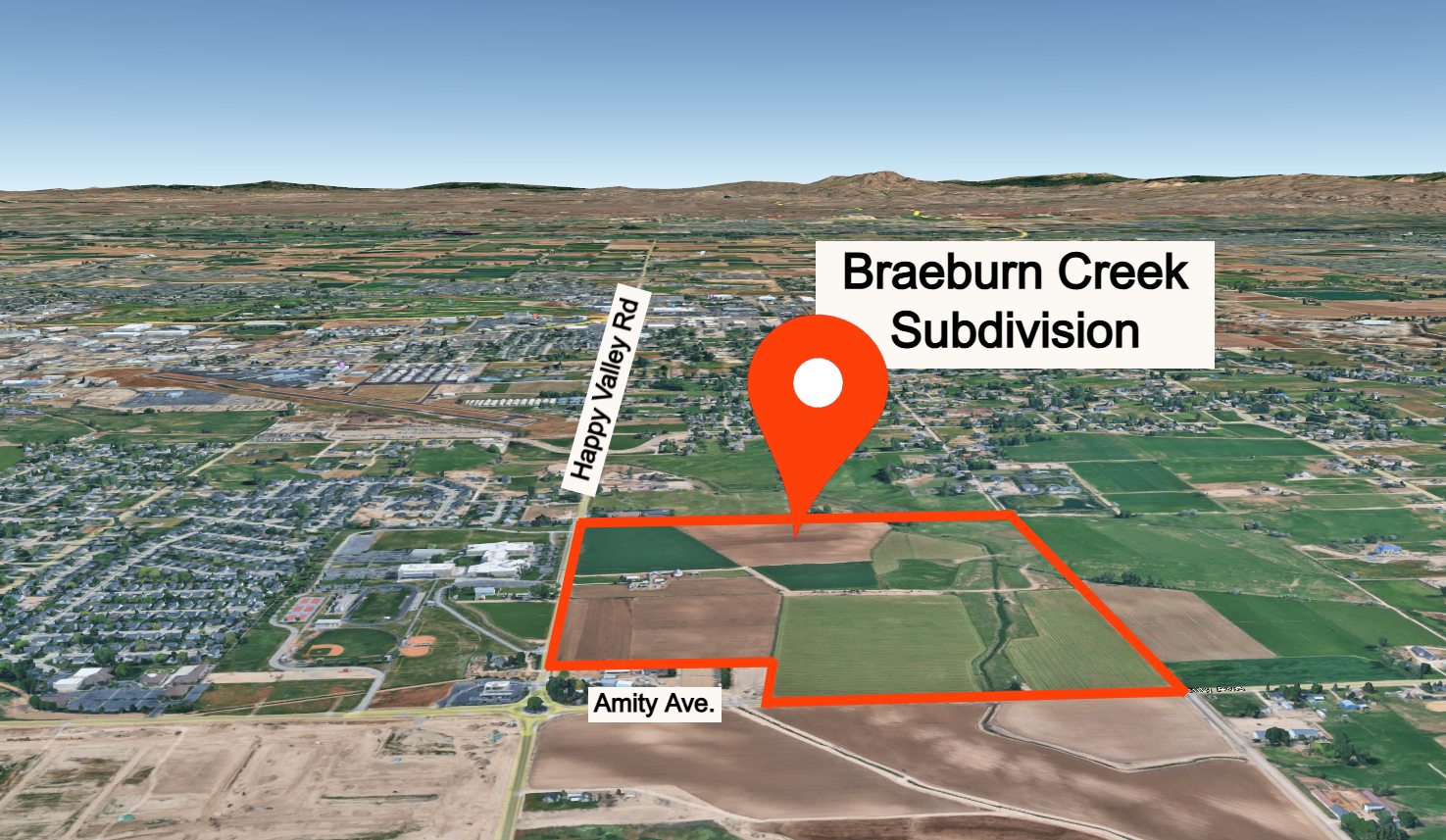 Google Earth view of the proposed Braeburn Creek subdivision near Amity Avenue and Happy Valley Road in Nampa, Idaho