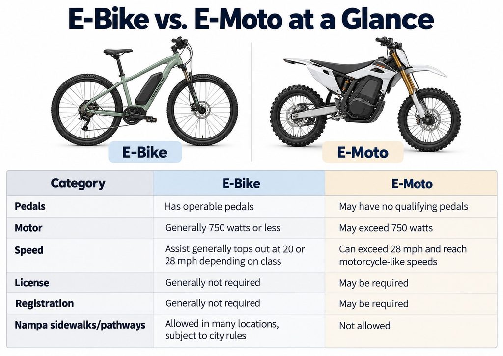 E-bike vs. e-moto comparison showing differences in pedals, motor power, speed, licensing and Nampa pathway rules